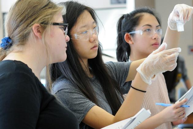 Students use a spectrophotometer to measure the intensity of light in part of th