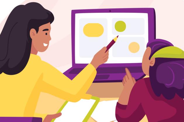 A clip-art illustration of a teacher working with a student at a computer screen. 