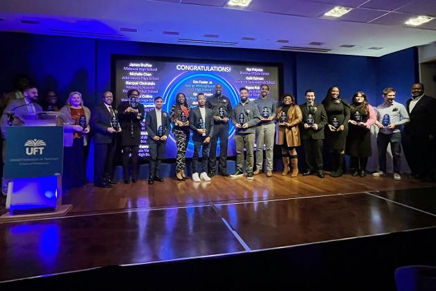 CTE members from Brooklyn fill the stage during the 2026 UFT CTE Awards.