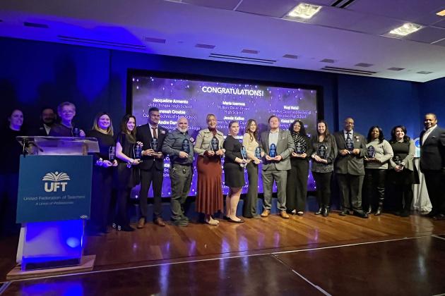 CTE teachers from Queens are honored onstage during the UFT CTE Awards on Feb. 12, 2026