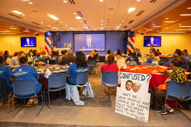 A large number of UFT members gather in Shanker Hall on September 10, 2024 for the presidential debate watch party. 