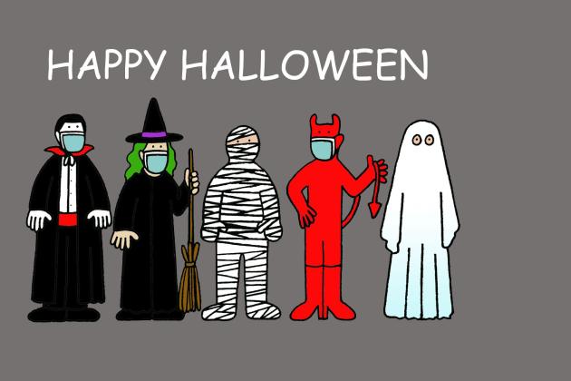 People wearing Halloween costumes and also wearing masks/face coverings. Left to right is Dracula, a witch, a mummy, a devil and a ghost. 