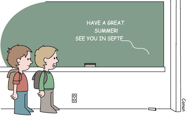 A cartoon of students looking at a chalkboard at the end of the school year 