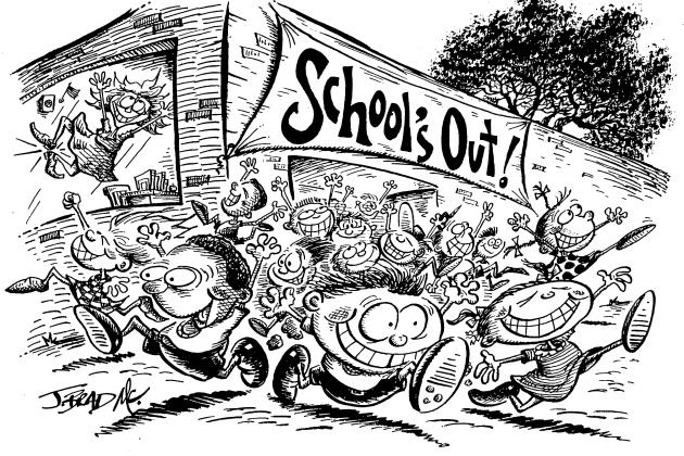An editorial cartoon of students rushing out of the school building on their last day of school.