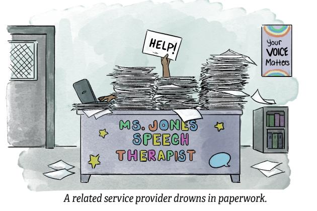 A cartoon of a related service provider drowning in paperwork. 