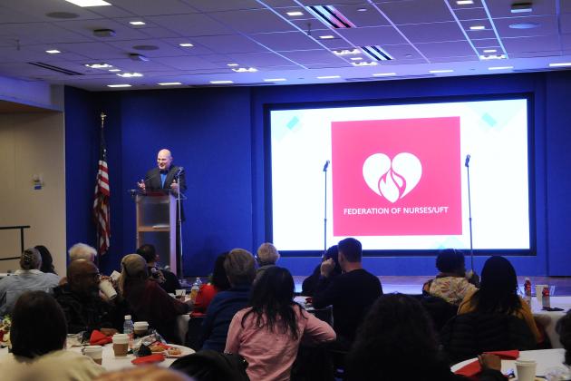 UFT President Michael Mulgrew thanks Federation of Nurses/UFT members in attendance at the Federation of Nurses/UFT Professional Issues Conference on Nov. 15, 2024