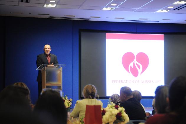 UFT President Michael Mulgrew addresses attendees at the 2024 Nurses Recognition Dinner at UFT Headquarters on May 9, 2024.