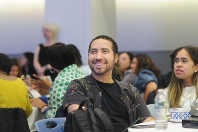 School psychologist Scott Standish-Parkin, of Manhattan’s Urban Assembly for the Performing Arts high school, listens to presenters during the morning session during Psychologist Appreciation Day at UFT headquarters on Nov. 8, 2024. 