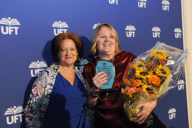 Sidney Harris Award winner Elizabeth McGovern and UFT Vice President for Special Education MaryJo Ginese take a photo after the awards presentation. 