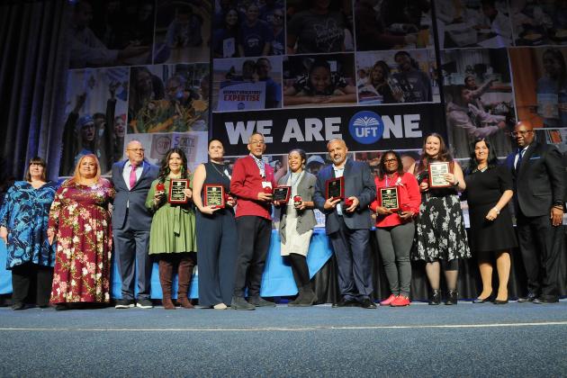 UFT Collective Action Award Honorees take the stage at Teacher Union Day on Nov. 3, 2024 at the Midtown Hilton. 