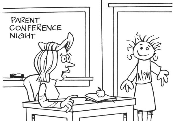 Teacher at desk. Stick figure walks in with dress and the word mom on her shirt.
