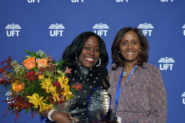 District 5 Representative Zina Burton Myrick (left) is joined by Manhattan Borough Representative Servia Silva after receiving the David Wittes Award at Teacher Union Day on Nov. 3, 2024 at the Midtown Hilton