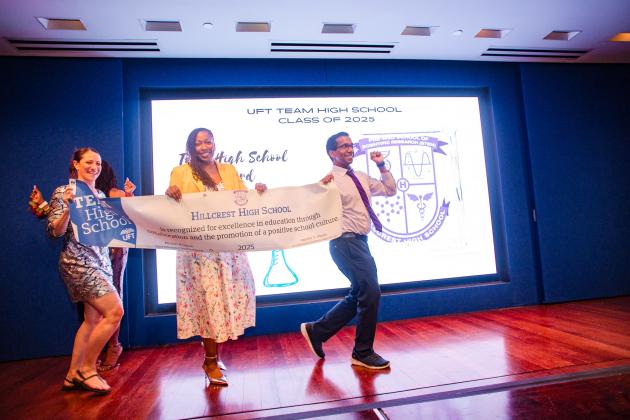 Members from Hillcrest HS, the Queens recipient of the Team High School Award, show their school pride at the UFT Academic High School Awards on April 25, 2025. 