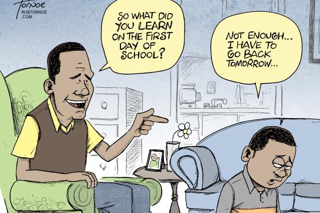 A cartoon of a father asking his son what he learned on his first day of school