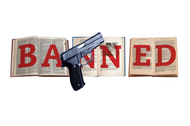 Books with the word banned over them and a gun on top