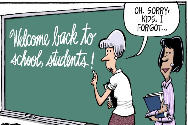 An editorial cartoon of a teacher welcoming students back to classs.