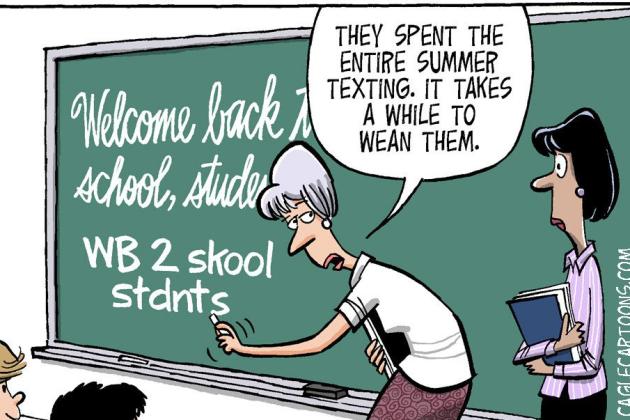 An editorial cartoon of a teacher welcoming students back to classs.