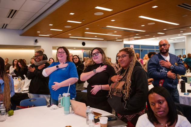 Clinicians take part in grounding exercises at Clinician Appreciation Day held at UFT headquarters on Jan. 27, 2025. 