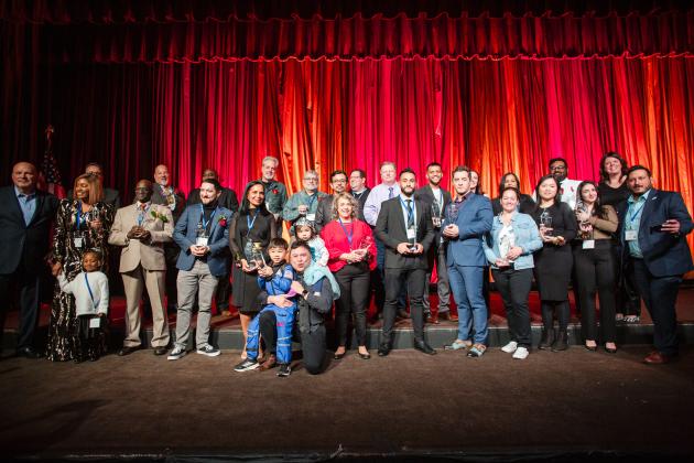 Queens CTE award winners take a group photo with UFT representatives at the 2025 UFT Career and Technical Education Awards at the Sheraton New York Times Square Hotel on Feb. 26, 2025.