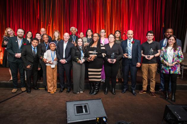 Manhattan CTE award winners take a group photo with UFT representatives at the 2025 UFT Career and Technical Education Awards at the Sheraton New York Times Square Hotel on Feb. 26, 2025.