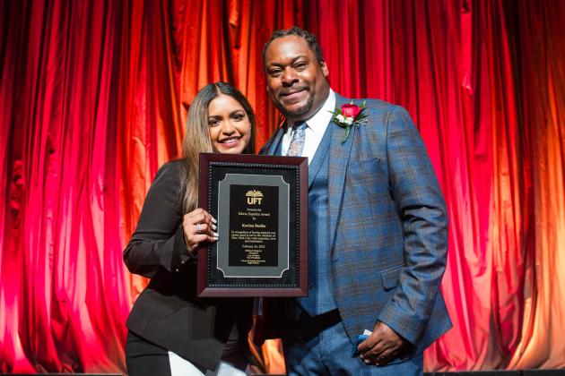 Karina Budhu, a fourth-year SVA apprentice, receives the Edwin Espaillat Award from Gordon at the 2025 UFT Career and Technical Education Awards at the Sheraton New York Times Square Hotel on Feb. 26, 2025.