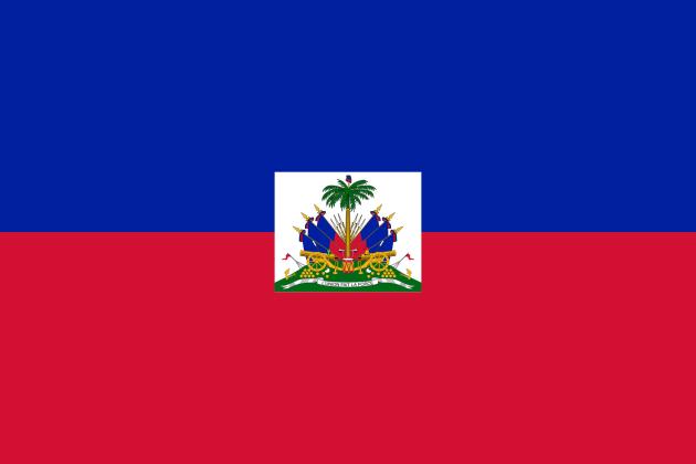 Image of a flag with a broad blue stripe on top and red on bottom with a logo in the middle, the flag of Haiti