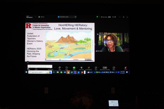 Rutgers labor studies professor and keynote speaker Sheri Davis presents a slideshow presentation, “HonHERing HERstory” at the 2025 UFT HERstory brunch. 
