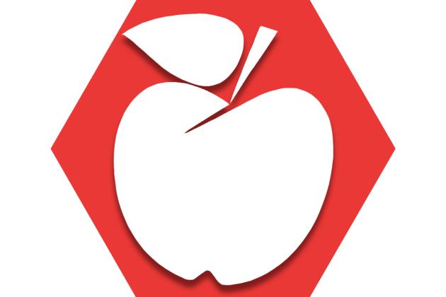 Hexagon with red background showing apple for new teachers