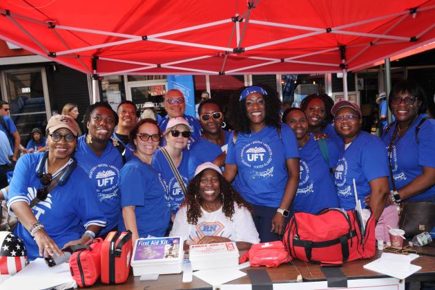 Nurses who are UFT members gather for a group photo during the 2025 NYC Labor Parade.