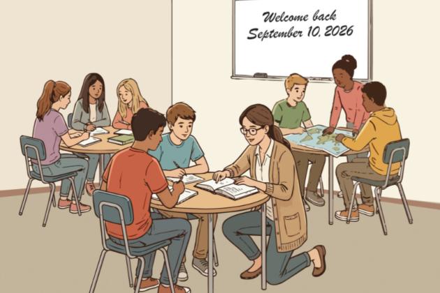 Illustration of students sitting in classroom groups