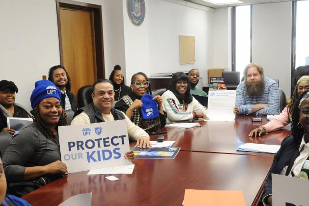 District 5 members gather to discuss issues with an aide to state Sen. Cordell Cleare of Manhattan at Lobby Day in Albany on March 10, 2025. 