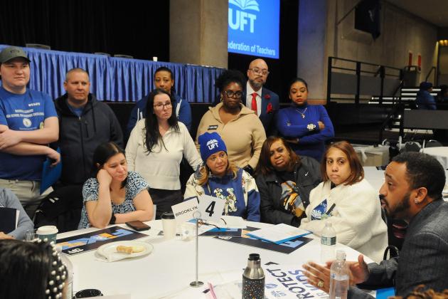 District 21 members meet with an aide to Brooklyn state Sen. Kevin Parker in the Convention Center in Albany during Lobby Day on March 10, 2025. 