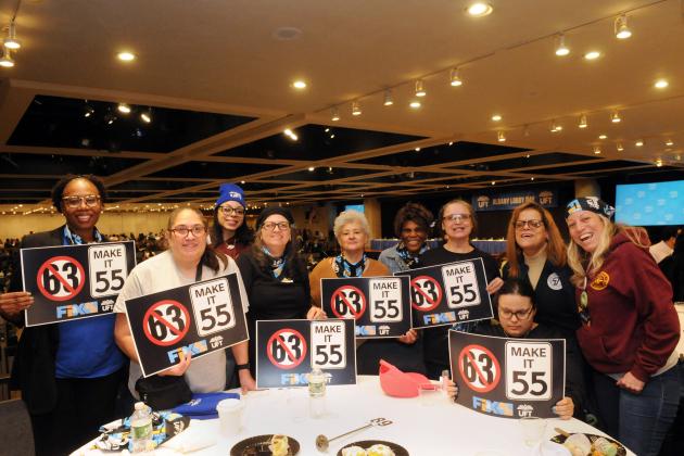 Bronx parents who joined UFT members in Albany make it plain about the importance of “making it 55” when it comes to Tier 6.