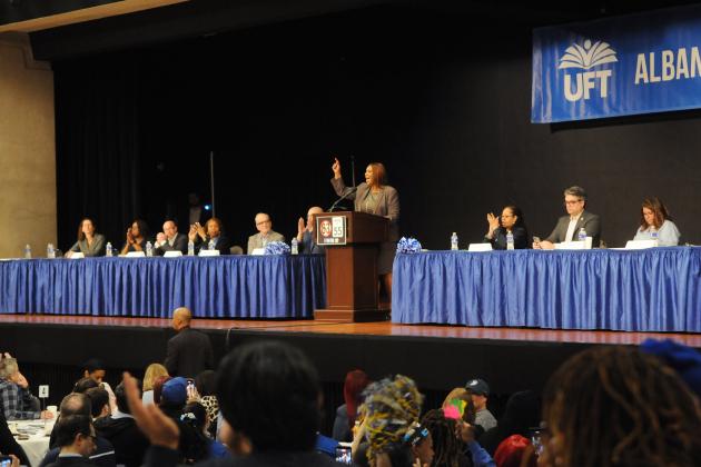 New York State Attorney General Letitia James receives loud applause when she voices strong support for reducing the retirement age for Tier 6 members from 63 to 55 with 30 years of service.