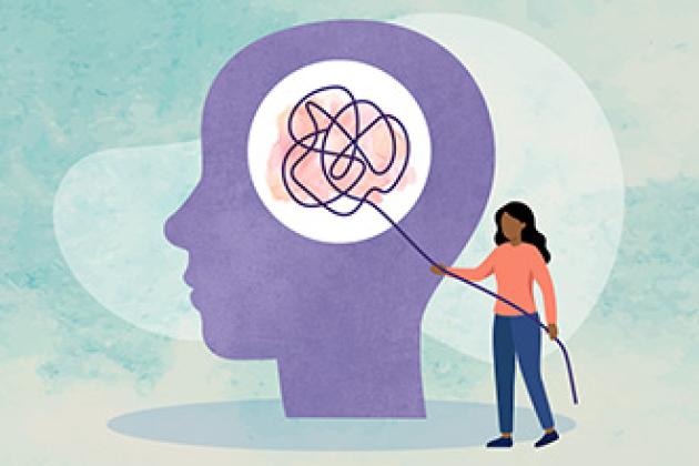 Illustration of a brain with a tangled cord