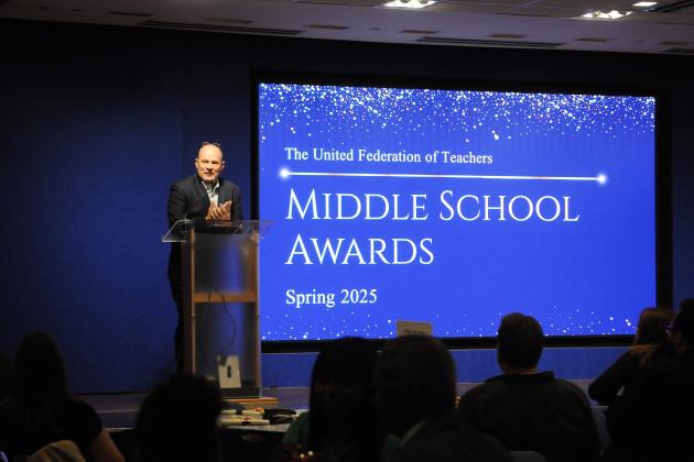 UFT President Michael Mulgrew speaks during the inaugural UFT Middle School Awards on May 15, 2025. 
