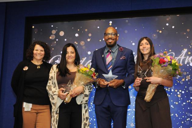 Celebrating (from left to right) with UFT Staten Island Special Representative Donna Coppola are Staten Island teachers Filomena Maratea of IS 7 for the Personalized Support Award, Benjamin Gilbert of IS 51 for the Long-Term Student Award and Christina Calabrese of IS 7 for the Coaching Award.