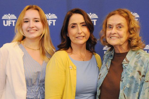 Reflecting three generations of UFT members are Learning Environment Award-winning teacher Jean Pedri (center) of IS 61 in Corona, Queens, flanked by her daughter Shannon Kelly, a per diem substitute teacher at IS 61, and her mother, Margaret Bena, a school librarian at IS 145 in Flushing, Queens, and a UFT member since 1961.