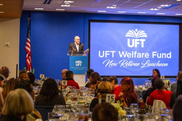  UFT President Michael Mulgrew congratulates retirees for making it through the “toughest, biggest, hardest school system in the United States.”