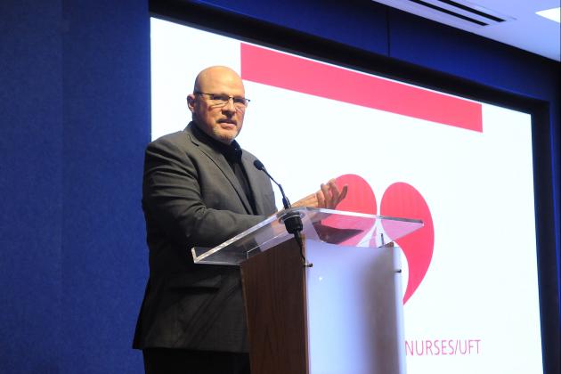 UFT President Michael Mulgrew salutes the hard work and dogged advocacy of Federation of Nurses/UFT members at the 2025 Nurses Recognition Day celebration at UFT headquarters. 