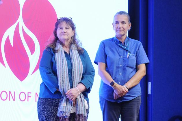 Nurses Fran Altieri (left) of NYU Langone–Brooklyn and Sultana Albasic of VNS Health are honored with the Trailblazer Award at the 2025 Federation of Nurses/UFT Nurses Recognition Day celebration. 