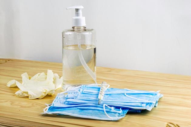 Rubber gloves, sanitizing and face masks