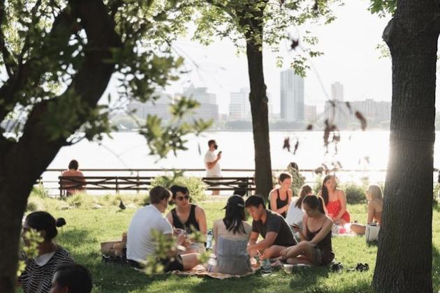 Group of young adults sitting in the park for a summer afternoon picnic