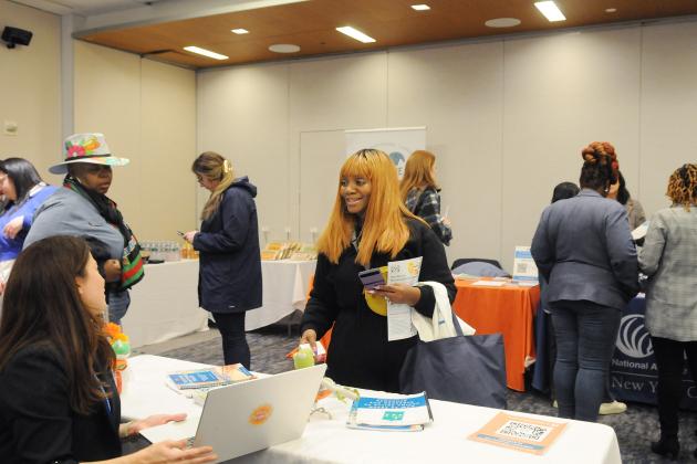 School counselors gather information in the exhibit hall at UFT headquarters during the union’s 21st annual School Counselors Conference.