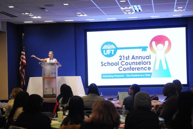 School Counselors Chapter Leader Rosemarie Thompson welcomes the school counselors to the annual conference: “This event is like a reunion, a homecoming.”
