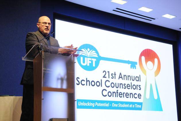 UFT President Michael Mulgrew greets the school counselors at the 2025 UFT School Counselors Conference