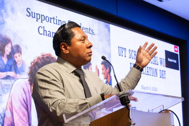 Raul Garcia, a bilingual school psychologist and the chapter leader of the UFT Social Workers and Psychologists Chapter, welcomes members, saying a sense of community is needed now more than ever.