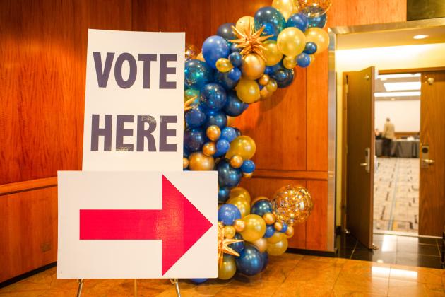 A sign directing UFT members where they can vote for the UFT election during the 2025 Spring Education Confernce