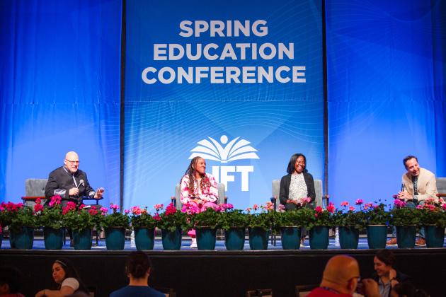 A stage shot of the town hall taking place at the 2026 UFT Spring Conference on May 16, 2026. 
