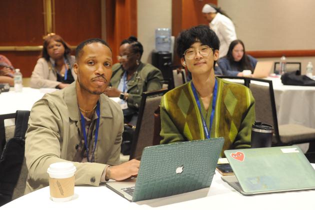 Teachers Ian Ellison (left) of A-Tech HS, and Joshua Yoo of IS 303, both in Brooklyn, use tech tools to make lesson planning more efficient in the “ChatGPT: Because “Sunday Scaries” Should Be for Scary Movies, Not Lesson Planning” workshop.